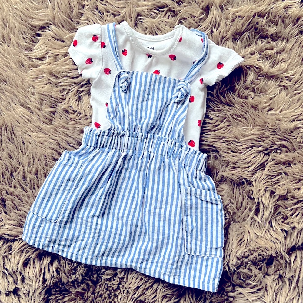 Baby Girl two piece 4-6mo strawberry onsie with striped overall skirt